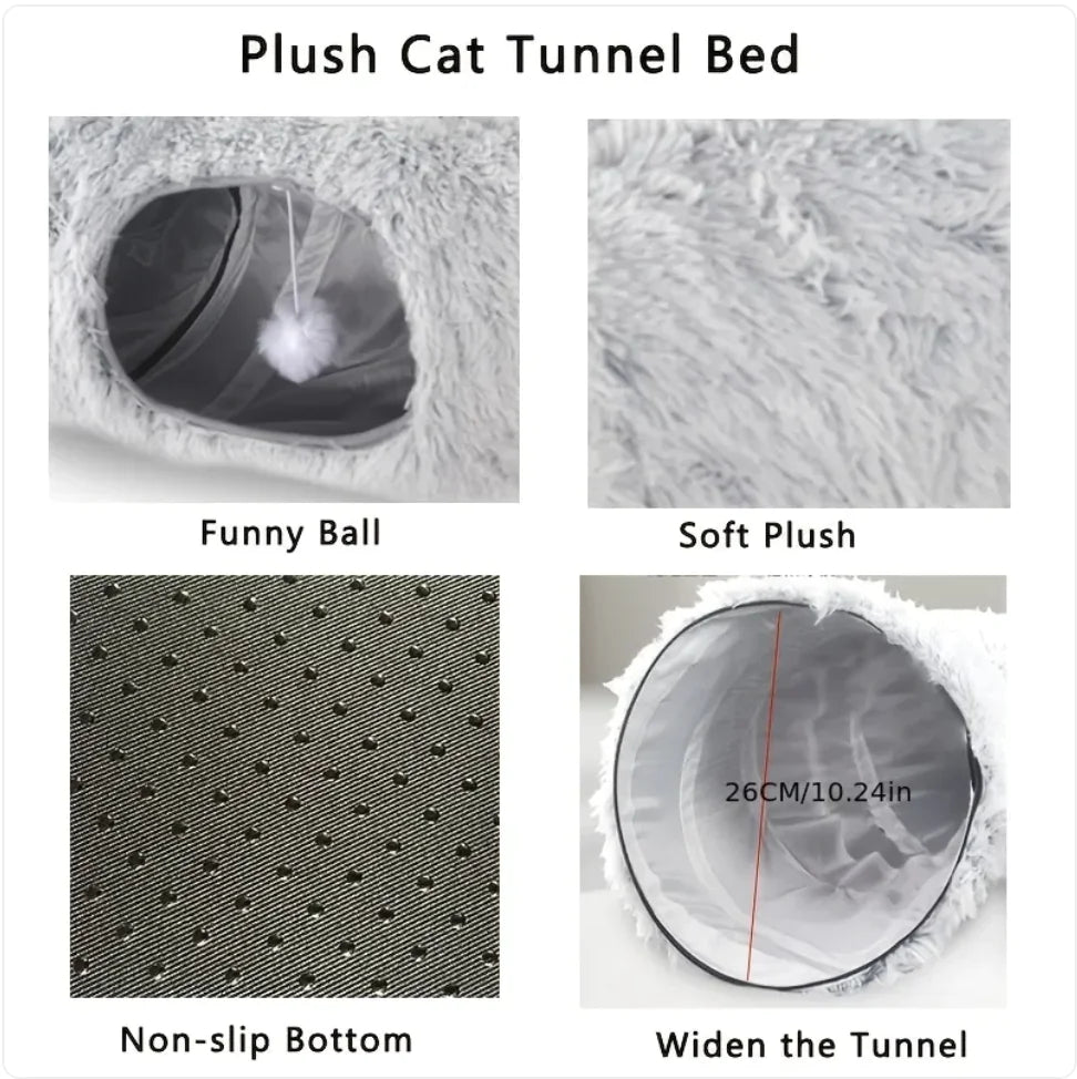 Cozy Plush Cat Tunnel & Nest | Foldable Warm Pet Kennel for Winter