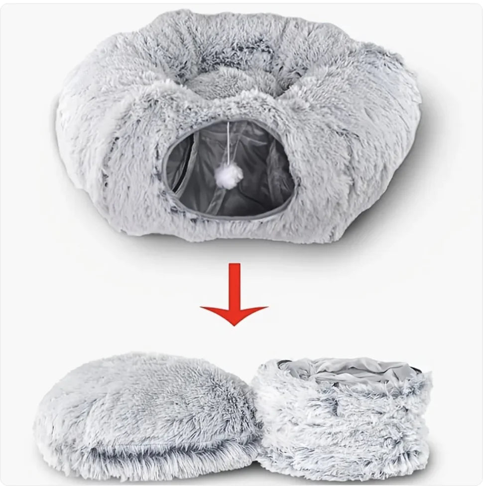 Cozy Plush Cat Tunnel & Nest | Foldable Warm Pet Kennel for Winter