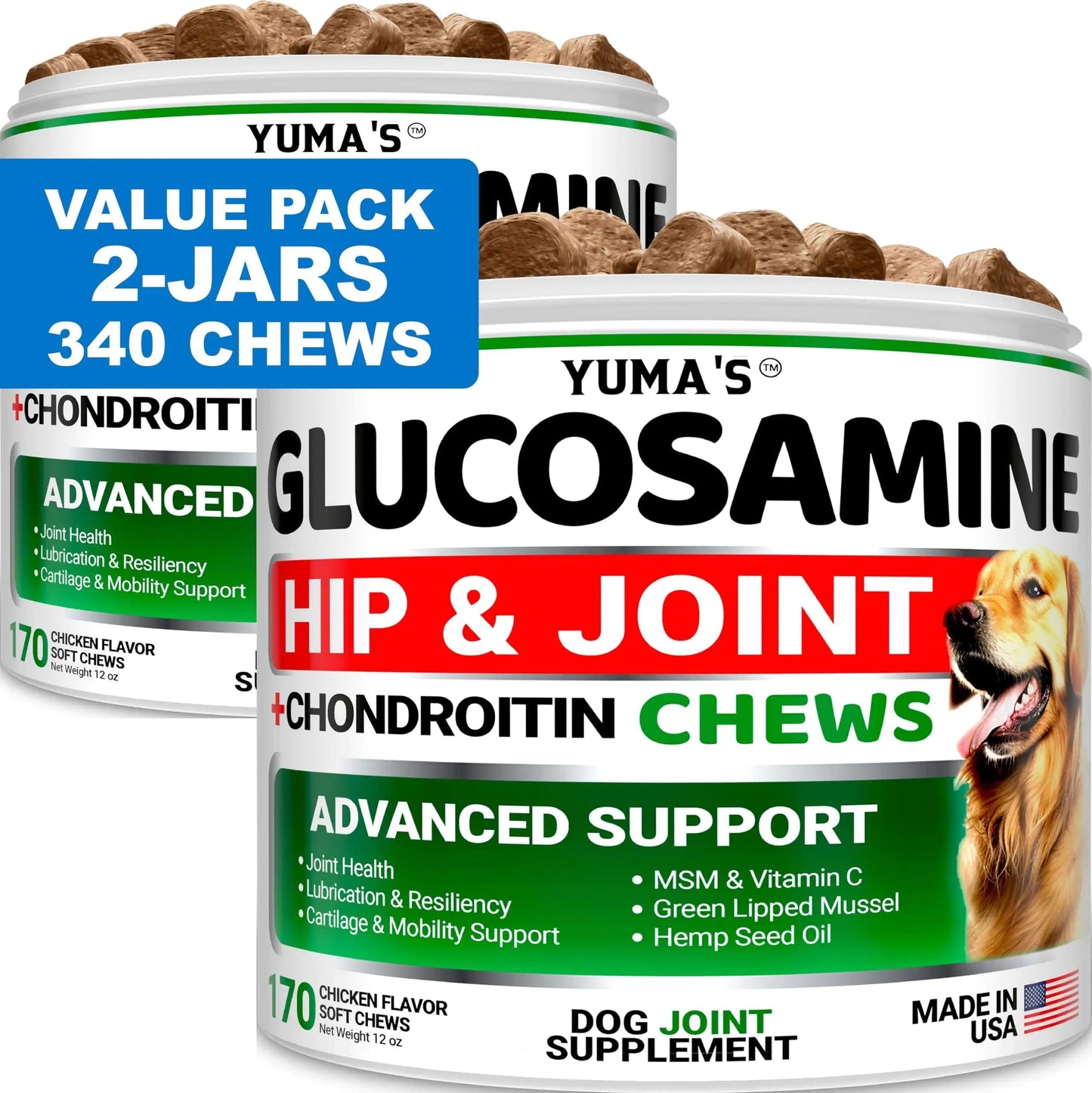 2-Pack Glucosamine for Dogs with Chondroitin – Joint Supplement for Mobility & Pain Relief – Made in USA