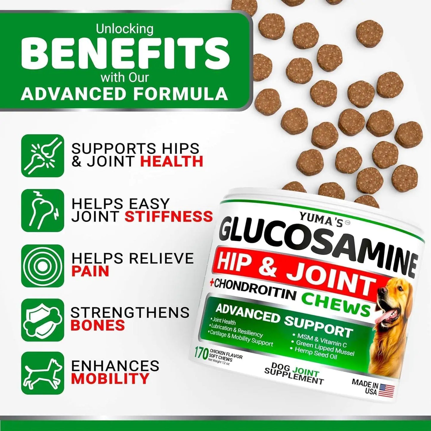 2-Pack Glucosamine for Dogs with Chondroitin – Joint Supplement for Mobility & Pain Relief – Made in USA