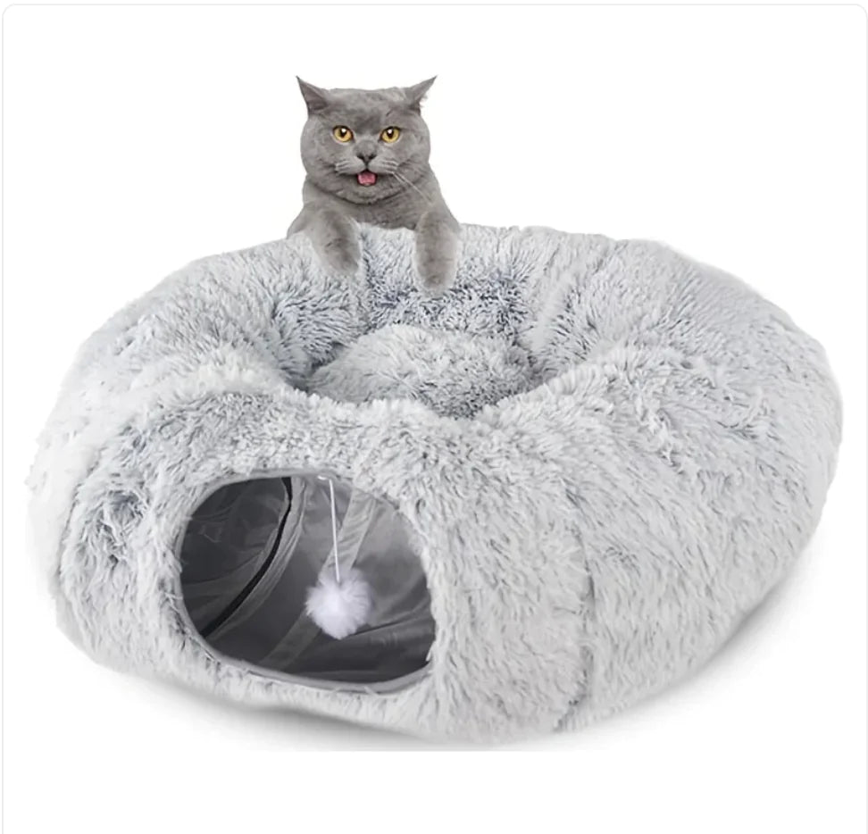 Cozy Plush Cat Tunnel & Nest | Foldable Warm Pet Kennel for Winter