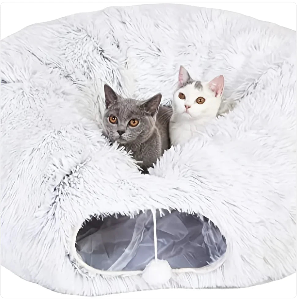 Cozy Plush Cat Tunnel & Nest | Foldable Warm Pet Kennel for Winter