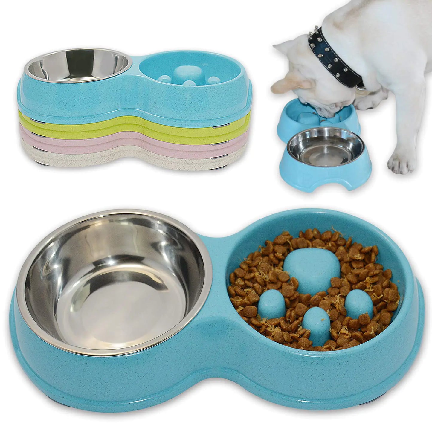 2-in-1 Slow Feeder Pet Bowl with Anti-Slip Base – 340ml Water / 210g Food