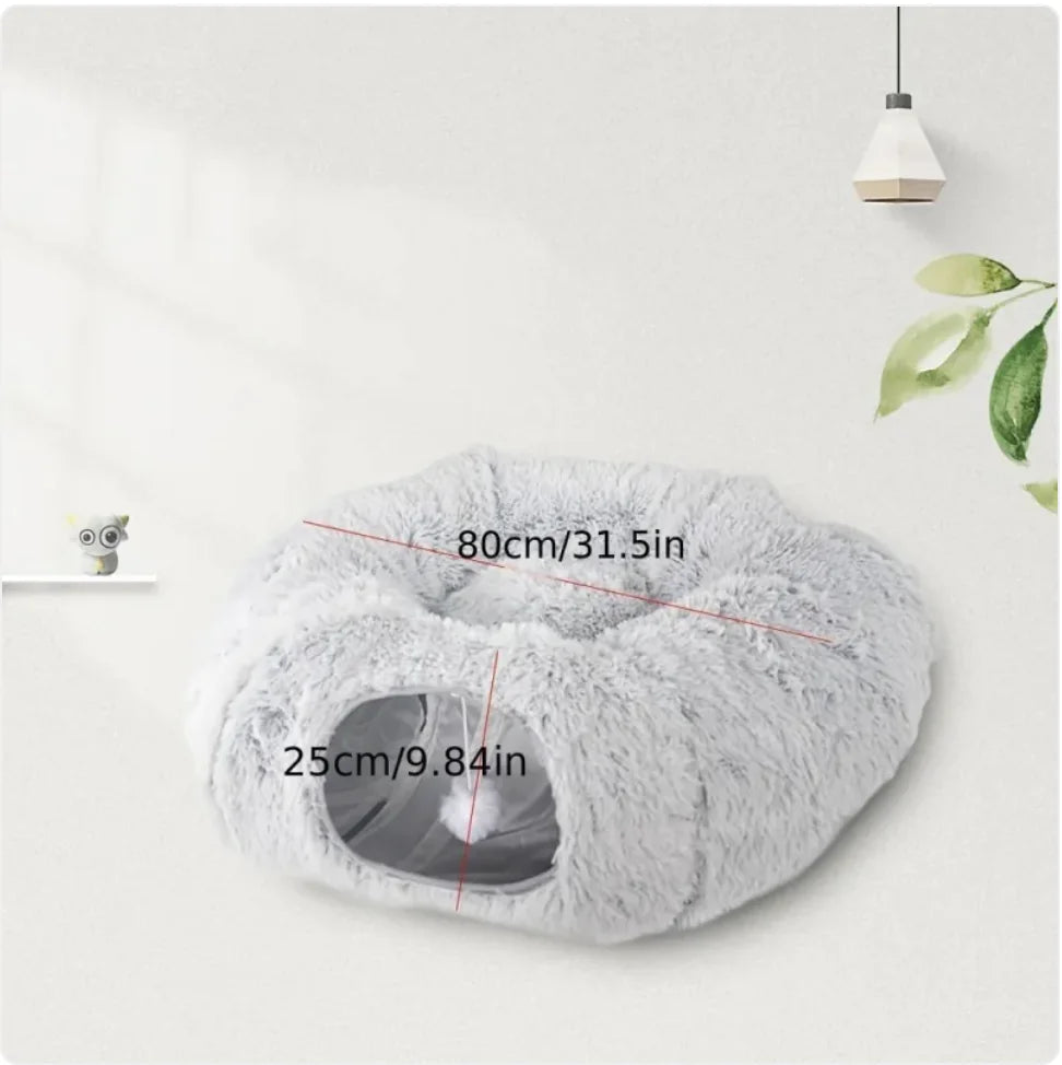 Cozy Plush Cat Tunnel & Nest | Foldable Warm Pet Kennel for Winter