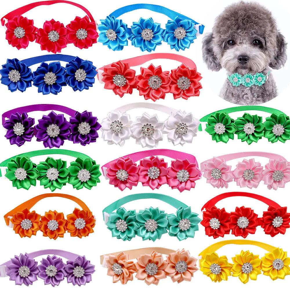 Dog Flower Bowtie Collar | 15-Pack with Bright Rhinestones