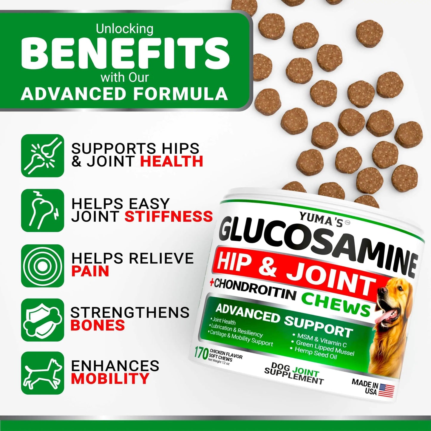 Hip & Joint Supplement for Dogs – Glucosamine, Chondroitin & MSM | 170 Chews