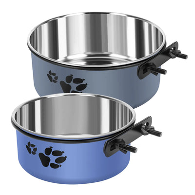 2 Pack No-Spill Hanging Stainless Steel Dog Bowls – Blue & Gray