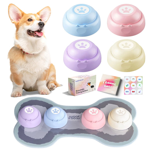 WOOFOOW Dog Talking Buttons | 4 Recordable Buttons with Mat | Stickers & Training Guide