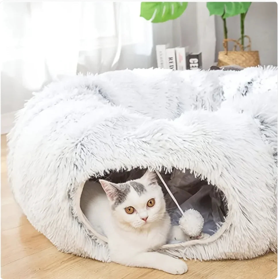 Cozy Plush Cat Tunnel & Nest | Foldable Warm Pet Kennel for Winter