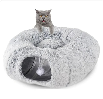 Cozy Plush Cat Tunnel & Nest | Foldable Warm Pet Kennel for Winter